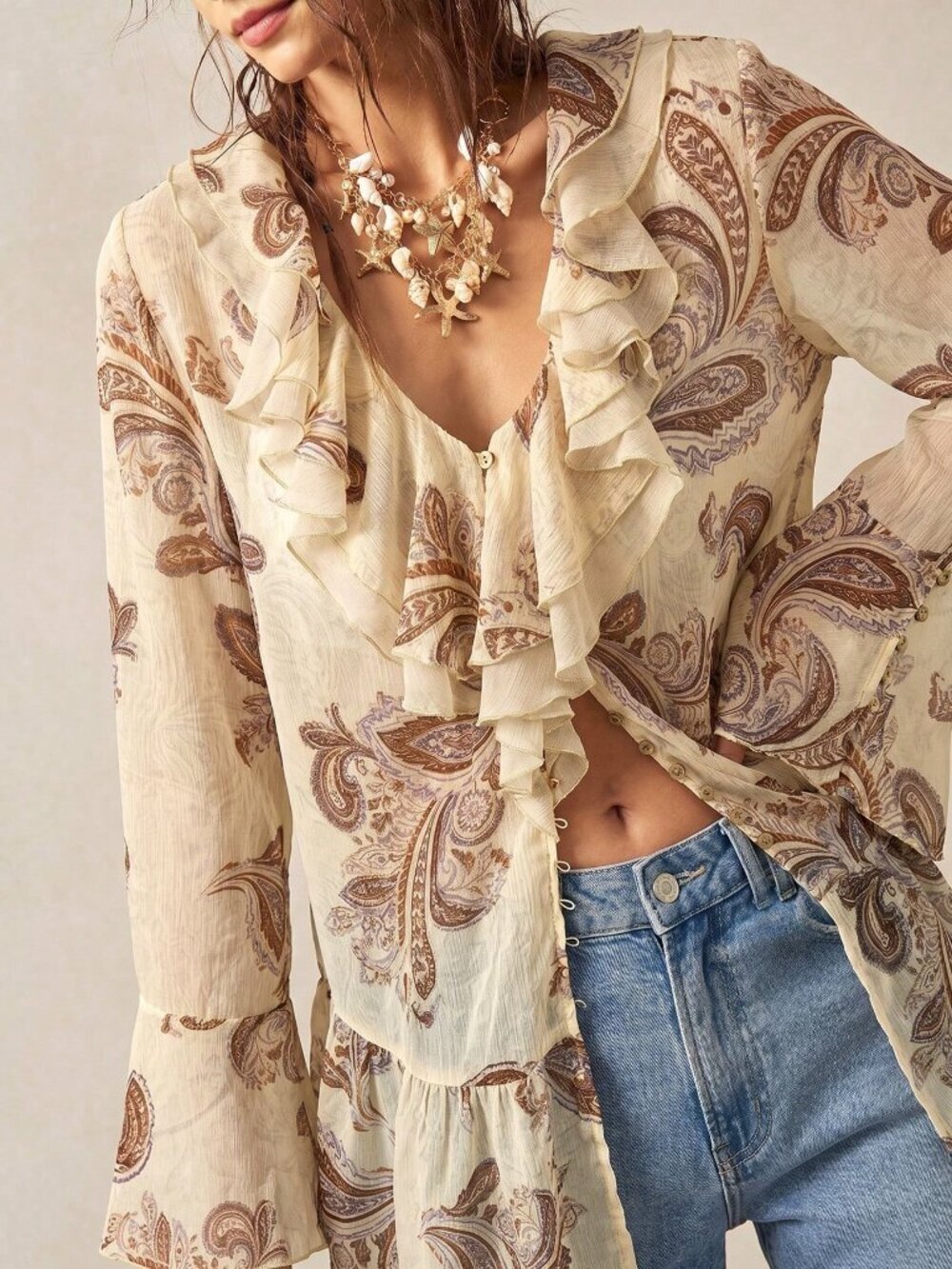 Khaki Boho Women's Casual Printed Ruffle Trim V-Neck Loose Long Sleeve Blouse